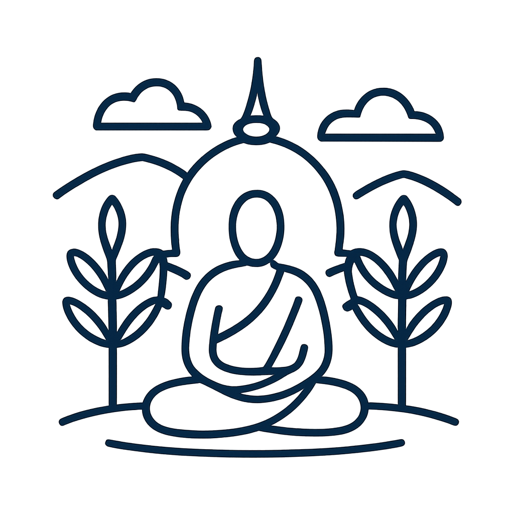 A simple line drawing of a seated Buddha surrounded by plants. The background is dark, and the Buddha is depicted in a med...